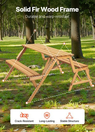 2-in-1 Transforming Interchangeable Picnic Table, Outdoor Wooden Table and Bench Set, Portable Foldable Bench with Umbrella Hole, Patio Dining Furniture for Garden, Backyard, Porch (Brown)