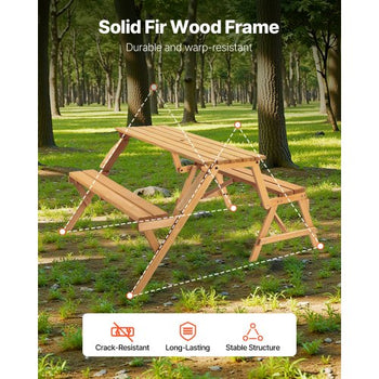2-in-1 Transforming Interchangeable Picnic Table, Outdoor Wooden Table and Bench Set, Portable Foldable Bench with Umbrella Hole, Patio Dining Furniture for Garden, Backyard, Porch (Brown)