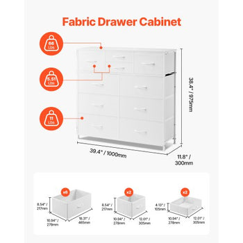 10 Drawer Dresser, Fabric Drawer Dresser with Fabric Bins, Closet Storage Drawers with Easy Pull Handle and Sturdy Steel Frame, Fabric Storage Tower for Bedroom, Hallway, Closet, Nursery, White
