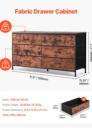 6 Drawer Dresser, Tall Chest Organizer Drawer Dresser, TV Stand with Storage, Closet Storage Drawers with Sturdy Steel Frame, Fabric Storage Tower for Bedroom, Hallway, Closet, Rustic Brown