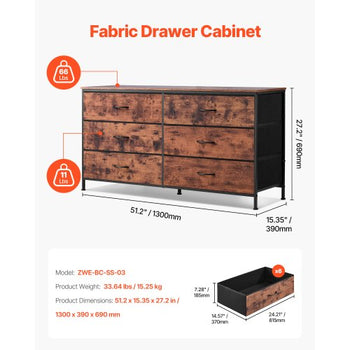 6 Drawer Dresser, Tall Chest Organizer Drawer Dresser, TV Stand with Storage, Closet Storage Drawers with Sturdy Steel Frame, Fabric Storage Tower for Bedroom, Hallway, Closet, Rustic Brown