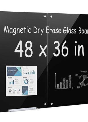 Glass Dry Erase Board 2 Pack 35.4 x 23.6 in Black Magnetic Whiteboard, Wall-Mounted, Frameless, Thick Tempered Glass, with Markers, Magnets and Eraser, for Office, School Classroom, Home Study