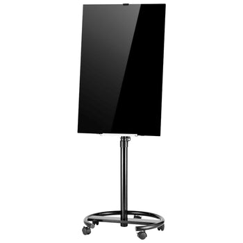 Glass Dry Erase Board 35.4 x 23.6 in Magnetic Whiteboard Round Base, Frameless, Mobile with Stand and Wheels, Includes Markers, Magnets and Eraser, for Office, School Classroom, Home, Black