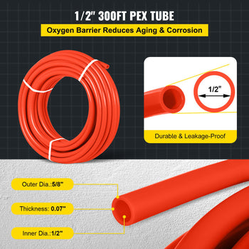 Oxygen Barrier 1/2 Inch 300 Feet Tube Coil EVOH PEX-B Pipe, for Residential Commercial Radiant Floor Heating, Red