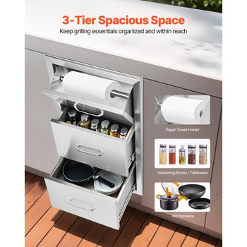 17W x 30H x 21D Inch Outdoor Kitchen Stainless Steel Double Access Drawers with Paper Towel Holder Combo for BBQ Island or Grill Station