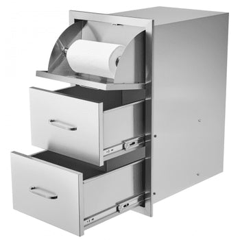 17W x 30H x 21D Inch Outdoor Kitchen Stainless Steel Double Access Drawers with Paper Towel Holder Combo for BBQ Island or Grill Station