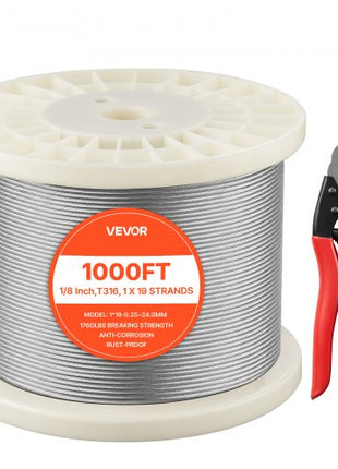 1/8 Inch Wire Rope, 1000 ft Length, 316 Stainless Steel Wire Cable with Cutter, 1760 lbs Breaking Strength, 1 x 19 Strands Construction, Steel Cable for Deck Railing System, Garden Trellis