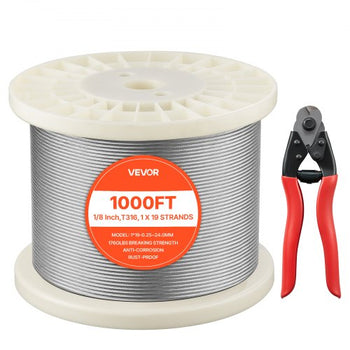 1/8 Inch Wire Rope, 1000 ft Length, 316 Stainless Steel Wire Cable with Cutter, 1760 lbs Breaking Strength, 1 x 19 Strands Construction, Steel Cable for Deck Railing System, Garden Trellis