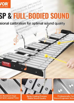 32 Note Glockenspiel Xylophone Bell Kit, Professional Percussion Instrument Set with Mallets, Drum Sticks, Music Stand,  8" Practice Pad, Adjustable Stand and Carrying Bag for Students & Adults