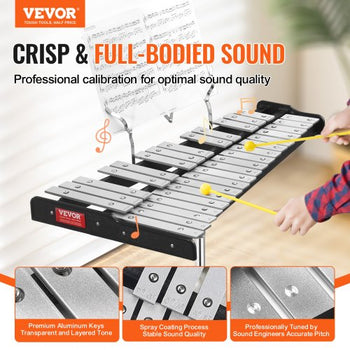 32 Note Glockenspiel Xylophone Bell Kit, Professional Percussion Instrument Set with Mallets, Drum Sticks, Music Stand,  8" Practice Pad, Adjustable Stand and Carrying Bag for Students & Adults