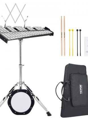 32 Note Glockenspiel Xylophone Bell Kit, Professional Percussion Instrument Set with Mallets, Drum Sticks, Music Stand,  8" Practice Pad, Adjustable Stand and Carrying Bag for Students & Adults