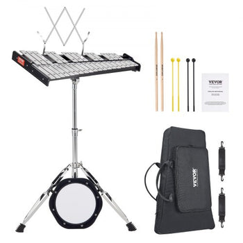 32 Note Glockenspiel Xylophone Bell Kit, Professional Percussion Instrument Set with Mallets, Drum Sticks, Music Stand,  8" Practice Pad, Adjustable Stand and Carrying Bag for Students & Adults