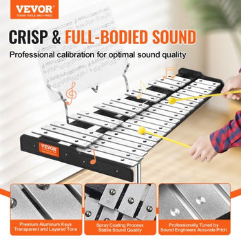 32 Note Glockenspiel Xylophone Bell Kit, Professional Percussion Instrument Set with Mallets, Drum Sticks, Music Stand, Adjustable Stand and Carrying Bag for Students & Adults