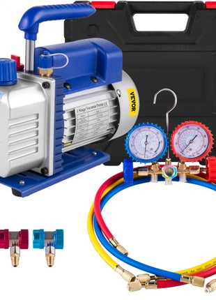 3CFM 1/4HP Single Stage Air Vacuum Pump HVAC R134a R12 R22 R410a A/C Refrigeration Kit AC Manifold Gauge R134 Can Tap Included Carrying Tote