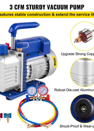 3CFM 1/4HP Single Stage Air Vacuum Pump HVAC R134a R12 R22 R410a A/C Refrigeration Kit AC Manifold Gauge R134 Can Tap Included Carrying Tote