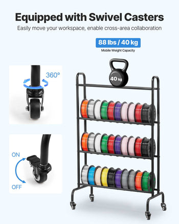 3D Printer Filament Storage Rack, 4 Tier Heavy Duty Storage Shelf, Rolling Filament Spool Holders Racks with Wheels, Filaments Organzied for 3D Printing Station, Office, Workshop (Shelf Only)
