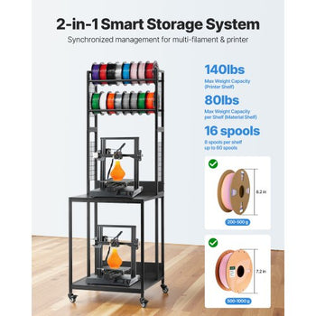 3D Printer Filament Storage Rack, 4-Tier 3D Printer Stand with Filament Storage, Spools Holder Racks Cart with Wheels, Filaments Organzied for 3D Printing Station, Office, Workshop (Shelf Only)