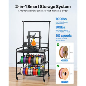 3D Printer Filament Storage Rack, 3-Tier 3D Printer Stand with Filament Storage, Spools Holder Racks Cart with Wheels, Filaments Organzied for 3D Printing Station, Office, Workshop (Shelf Only)
