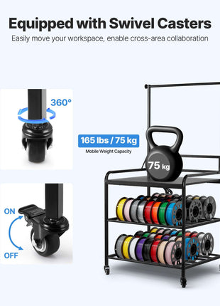 3D Printer Filament Storage Rack, 3-Tier 3D Printer Stand with Filament Storage, Spools Holder Racks Cart with Wheels, Filaments Organzied for 3D Printing Station, Office, Workshop (Shelf Only)