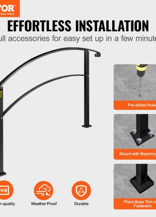 Handrails for Outdoor Steps, Fit 1 or 3 Steps Outdoor Stair Railing, Black Wrought Iron Handrail, Flexible Front Porch Hand Rail, Transitional Handrails for Concrete Steps or Wooden Stairs