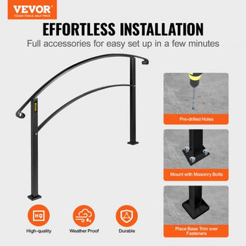 Handrails for Outdoor Steps, Fit 1 or 3 Steps Outdoor Stair Railing, Black Wrought Iron Handrail, Flexible Front Porch Hand Rail, Transitional Handrails for Concrete Steps or Wooden Stairs