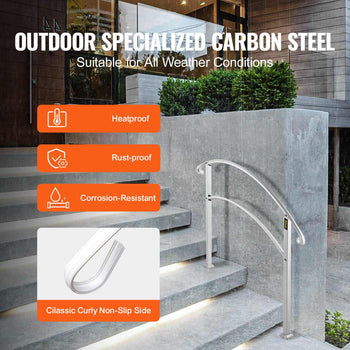 Handrails for Outdoor Steps, Fit 1 or 3 Steps Outdoor Stair Railing, White Wrought Iron Handrail, Flexible Front Porch Hand Rail, Transitional Handrails for Concrete Steps or Wooden Stairs