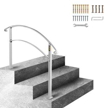 Handrails for Outdoor Steps, Fit 1 or 3 Steps Outdoor Stair Railing, White Wrought Iron Handrail, Flexible Front Porch Hand Rail, Transitional Handrails for Concrete Steps or Wooden Stairs