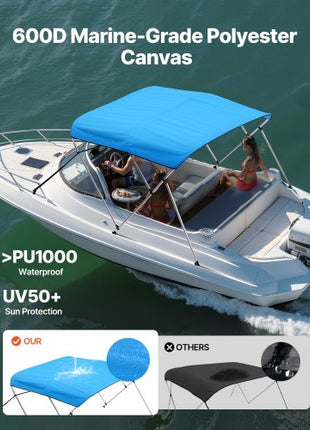 3 Bow Boat Bimini Tops, 600D Polyester Canopy with Aluminum Alloy Frame, Waterproof & Sun Shade Boat Awning Canopy with Storage Bag, 2 Support Poles, 4 Straps, 6'Lx(54"-60")Wx46"H, Pacific Blue