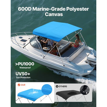 3 Bow Boat Bimini Tops, 600D Polyester Canopy with Aluminum Alloy Frame, Waterproof & Sun Shade Boat Awning Canopy with Storage Bag, 2 Support Poles, 4 Straps, 6'Lx(67"-72")Wx46"H, Pacific Blue