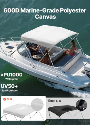 3 Bow Boat Bimini Tops, 600D Polyester Canopy with Aluminum Alloy Frame, Waterproof & Sun Shade Boat Awning Canopy with Storage Bag, 2 Support Poles, 4 Straps, 72"Lx(73"-78")Wx46"H, Light Grey