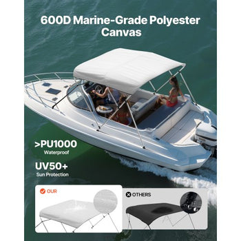 3 Bow Boat Bimini Tops, 600D Polyester Canopy with Aluminum Alloy Frame, Waterproof & Sun Shade Boat Awning Canopy with Storage Bag, 2 Support Poles, 4 Straps, 72"Lx(73"-78")Wx46"H, Light Grey
