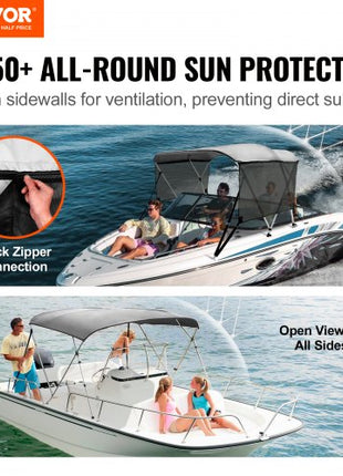 3 Bow Bimini Top Boat Cover, Detachable Mesh Sidewalls, 600D Polyester Canopy with 1" Aluminum Alloy Frame, Includes Storage Boot, 2 Support Poles, 2 Straps, 6'L x 46"H x 67"-72"W, Light Grey