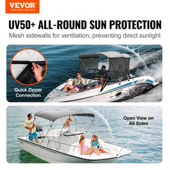 3 Bow Bimini Top Boat Cover, Detachable Mesh Sidewalls, 600D Polyester Canopy with 1" Aluminum Alloy Frame, Includes Storage Boot, 2 Support Poles, 2 Straps, 6'L x 46"H x 61"-66"W, Light Grey
