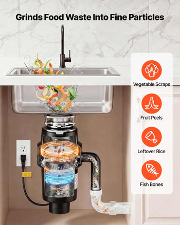 Food Waste Garbage Disposal, 1HP 3700RPM DC Motor, Continuous Feed Kitchen Sink Garbage Disposer, 3-Bolt Mount Food Waste Grinding System with Splash Guard & Power Cord for Kitchens