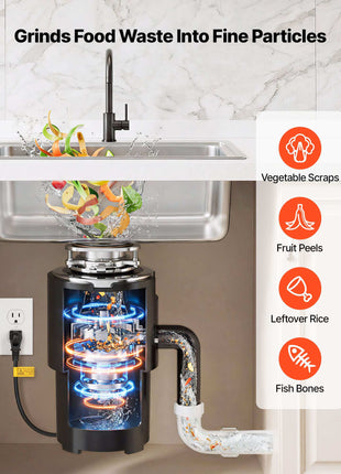 Food Waste Garbage Disposal, 3/4HP 1500RPM AC Motor, Continuous Feed Kitchen Sink Garbage Disposer, 3-Bolt Mount Food Waste Grinding System with Splash Guard & Power Cord for Kitchens