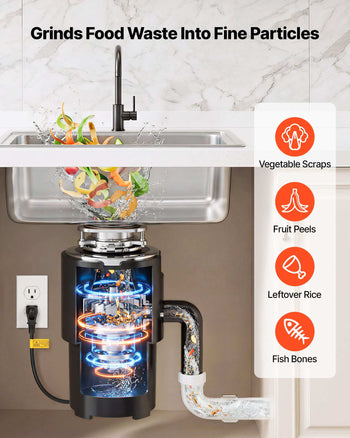 Food Waste Garbage Disposal, 3/4HP 1500RPM AC Motor, Continuous Feed Kitchen Sink Garbage Disposer, 3-Bolt Mount Food Waste Grinding System with Splash Guard & Power Cord for Kitchens