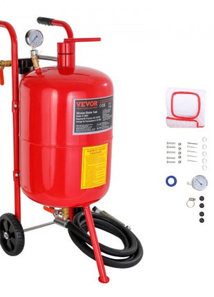 10Gal/40L Sandblaster Equipped with Nozzle Shut-Off Valve Pressure Gauge Ceramic Nozzle 2.5m Hose Filling Funnel Watertrap 6\" Rubber Wheels Grit Power Sand Blasters Portable Sandblasting Equipm