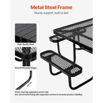 Picnic Table, Outdoor Weather Resistant Patio Dining Furniture Set, Heavy Duty Coated Steel Tables with Umbrella Hole, 45.7 in Square Table and Bench Set, for Garden, Backyard, Porch, Black