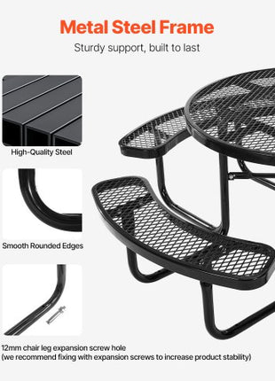 Heavy-Duty Picnic Table, Outdoor Furniture Weather Resistant Patio Dining Set, Coated Steel Tables with Umbrella Hole, 46" Round Table and Bench Set, for Garden, Backyard, Porch (Black)