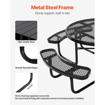 Heavy-Duty Picnic Table, Outdoor Furniture Weather Resistant Patio Dining Set, Coated Steel Tables with Umbrella Hole, 46" Round Table and Bench Set, for Garden, Backyard, Porch (Black)