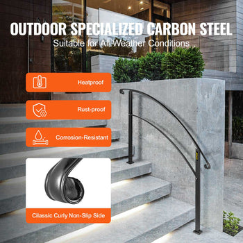 4-Step Handrail Fits 1 or 4 Steps Matte Black Stair Rail Wrought Iron Handrail with Installation Kit Hand Rails for Outdoor Steps