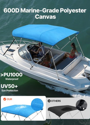 4 Bow Boat Bimini Tops, 600D Polyester Canopy with Aluminum Alloy Frame, Waterproof & Sun Shade Boat Awning Canopy with Storage Bag, 2 Support Poles, 4 Straps, 96"Lx(67"-72")Wx54"H, Pacific Blue