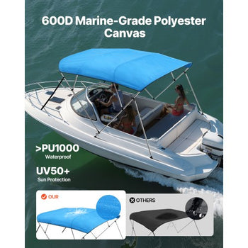 4 Bow Boat Bimini Tops, 600D Polyester Canopy with Aluminum Alloy Frame, Waterproof & Sun Shade Boat Awning Canopy with Storage Bag, 2 Support Poles, 4 Straps, 96"Lx(67"-72")Wx54"H, Pacific Blue