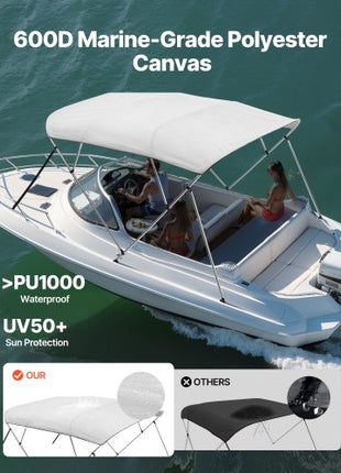4 Bow Boat Bimini Tops, 600D Polyester Canopy with Aluminum Alloy Frame, Waterproof & Sun Shade Boat Awning Canopy with Storage Bag, 2 Support Poles, 4 Straps, 96"Lx(85"-90")Wx54"H, Light Grey