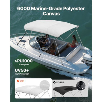 4 Bow Boat Bimini Tops, 600D Polyester Canopy with Aluminum Alloy Frame, Waterproof & Sun Shade Boat Awning Canopy with Storage Bag, 2 Support Poles, 4 Straps, 96"Lx(85"-90")Wx54"H, Light Grey