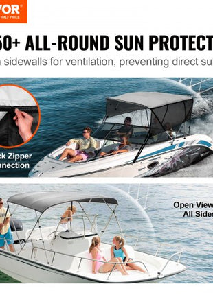 4 Bow Bimini Top Boat Cover, Detachable Mesh Sidewalls, 600D Polyester Canopy with 1" Aluminum Alloy Frame, Includes Storage Boot, 2 Straps, 2 Support Poles, 8'L x 54"H x 91"-96"W, Light Grey