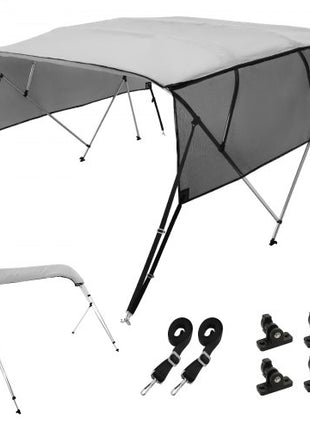4 Bow Bimini Top Boat Cover, Detachable Mesh Sidewalls, 600D Polyester Canopy with 1" Aluminum Alloy Frame, Includes Storage Boot, 2 Straps, 2 Support Poles, 8'L x 54"H x 91"-96"W, Light Grey