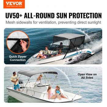 4 Bow Bimini Top Boat Cover, Detachable Mesh Sidewalls, 600D Polyester Canopy with 1" Aluminum Alloy Frame, Includes Storage Boot, 2 Straps, 2 Support Poles, 8'L x 54"H x 79"-84"W, Light Grey