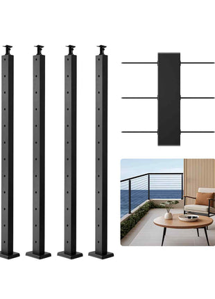 4-Pack Cable Railing Post, 42x1x2 In Horizontal-Hole Deck Railing Post with Pre-Drilled Holes, Stainless Steel Cable Rail Post with Horizontal and Curved Bracket, Black, 4JZLGZXHS106REP67001V0