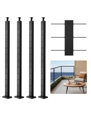 4-Pack Cable Railing Post, 42x1x2 In Horizontal-Hole Deck Railing Post with Pre-Drilled Holes, Stainless Steel Cable Rail Post with Horizontal and Curved Bracket, Black, 4JZLGZXHS106REP67001V0